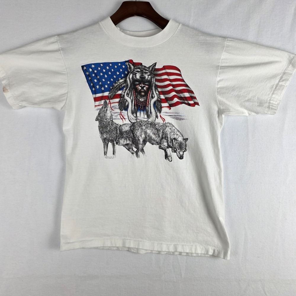 Vintage 1991 Oneita Power-T Wolf Native American Flag Graphic T-Shirt Large L